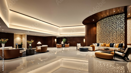 Luxurious Hotel Lobby: A sophisticated and inviting hotel lobby with plush seating, elegant decor and warm lighting, creating a luxurious and welcoming ambiance for guests.