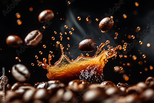 A fresh shot of coffee beans splashing into dark coffee, with droplets suspended mid-air, creating a fluid motion captured in ultra-high definition. photo