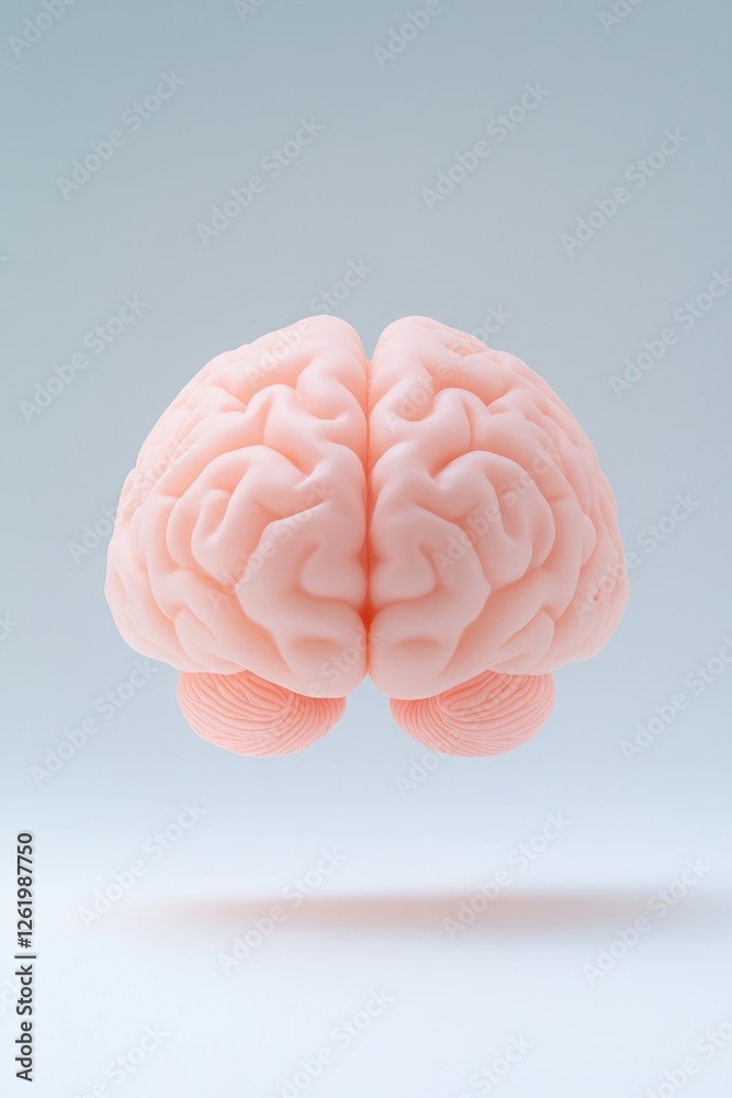 Floating pink brain model symbolizes neurological health and cog