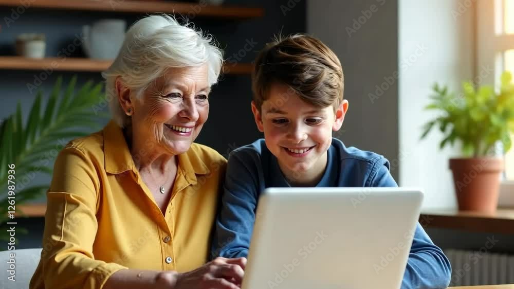 Grandson teaching grandma how to use laptop computer, surfing through internet. Senior woman learning how to use gadget. Grandson teaching grandma how to use laptop computer, surfing through internet. Senior woman learning how to use gadget.
