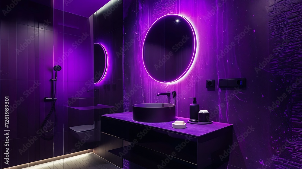 Bathroom with purple and black colors, neon lights, round mirror, modern mimalist design, high resolution,