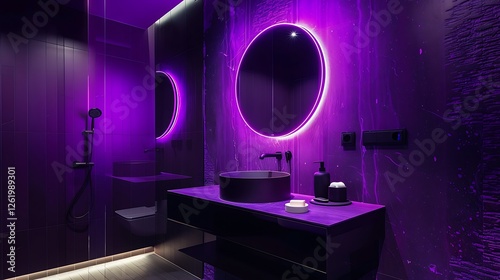 Obraz na płótnie Bathroom with purple and black colors, neon lights, round mirror, modern mimalist design, high resolution, w salonie