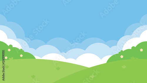 An illustration of a blue sky with white clouds over a lush green garden landscape.