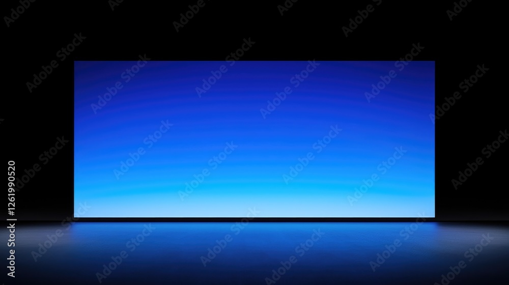 Fototapeta premium Wide blue gradient screen in dark room, reflecting on floor.