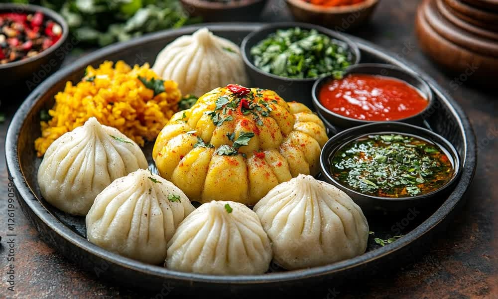 A vibrant platter of assorted dumplings and sides, showcasing culinary diversity on a rustic table A vibrant platter of assorted dumplings and sides, showcasing culinary diversity on a rustic table