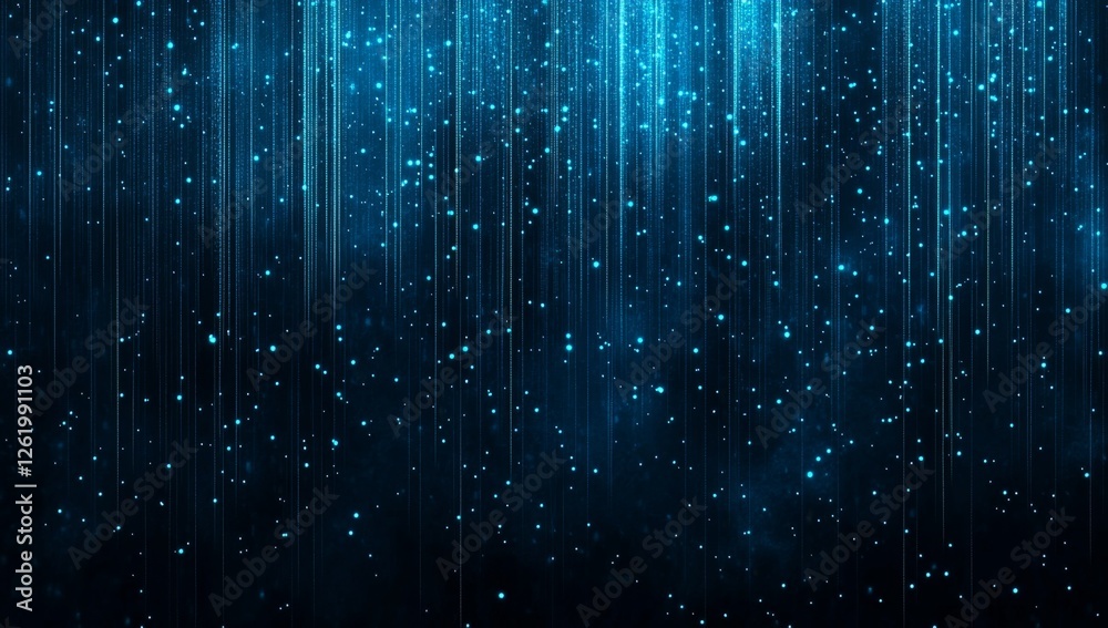 Blue light streaks, particles falling, dark background, digital backdrop Blue light streaks, particles falling, dark background, digital backdrop