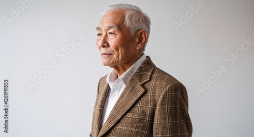 Asian elderly man brown tweed blazer side view portrait on plain white background