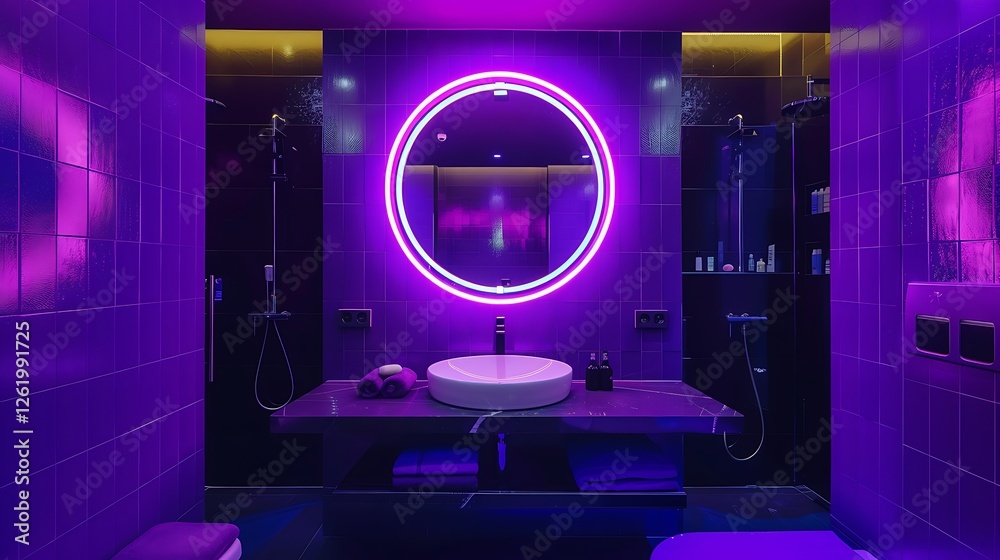 Bathroom with purple and black colors, neon lights, round mirror, modern mimalist design, high resolution,