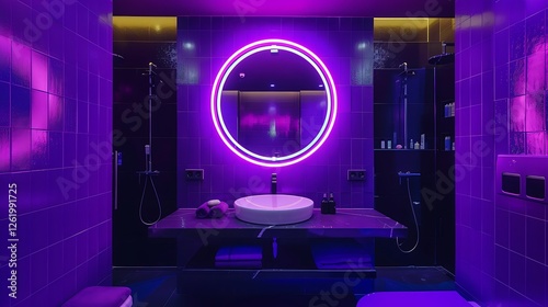 Obraz na płótnie Bathroom with purple and black colors, neon lights, round mirror, modern mimalist design, high resolution, w salonie