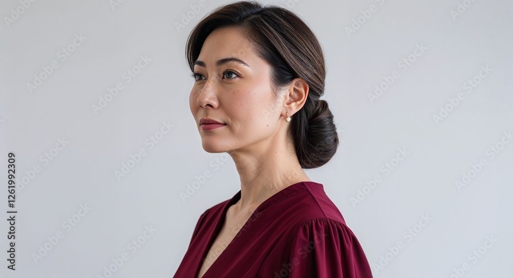 Asian woman burgundy dress middle age side view portrait on plain white background Asian woman burgundy dress middle age side view portrait on plain white background