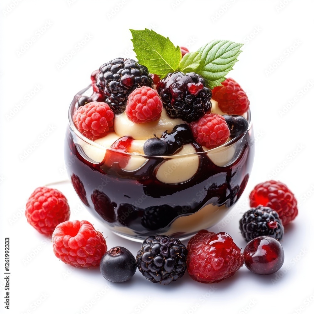 Pudding with mixed berries, isolate on white background
