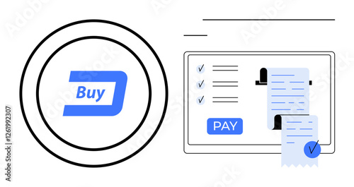 Buying button next to a digital receipt on a screen with checklist and pay button. Ideal for e-commerce, online transactions, digital receipts, payment confirmations, shopping, financial management