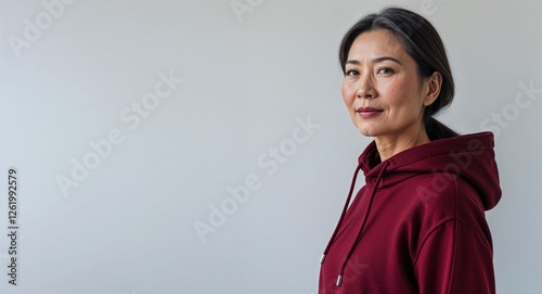 Asian woman dark red pullover hoodie middle age side view portrait on plain white background