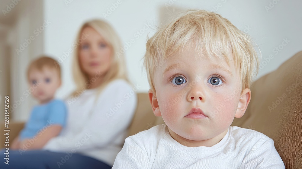 Toddler boy stares intently, mom and sibling blurred background, family home, heartwarming image for family blogs Toddler boy stares intently, mom and sibling blurred background, family home, heartwarming image for family blogs