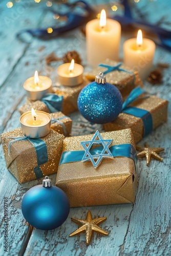Hanukkah presents and decorations on a table photo