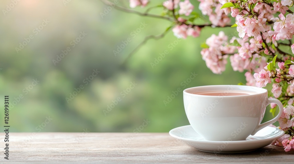Teacup spring blossoms garden tranquility morning Teacup spring blossoms garden tranquility morning