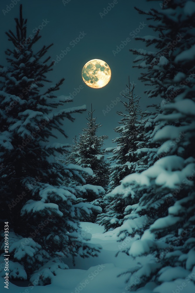 Snowy night in the woods, full moon over trees. Peaceful solitude of a winter landscape. Snowy night in the woods, full moon over trees. Peaceful solitude of a winter landscape.