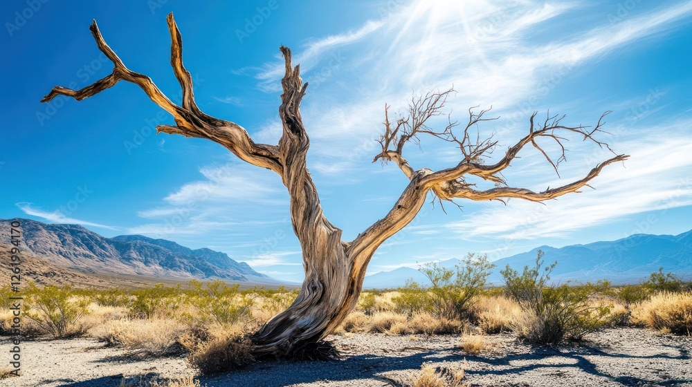 Desert landscape, dead tree, mountains, sunny day, nature photography Desert landscape, dead tree, mountains, sunny day, nature photography