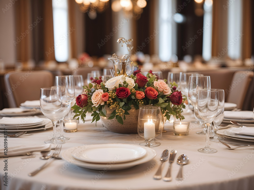 Elegant Wedding Table Setting: A captivating centerpiece of blush pink, deep red, and ivory roses creates a romantic ambiance on an elegantly set wedding table. Candles flicker softly. Elegant Wedding Table Setting: A captivating centerpiece of blush pink, deep red, and ivory roses creates a romantic ambiance on an elegantly set wedding table. Candles flicker softly.