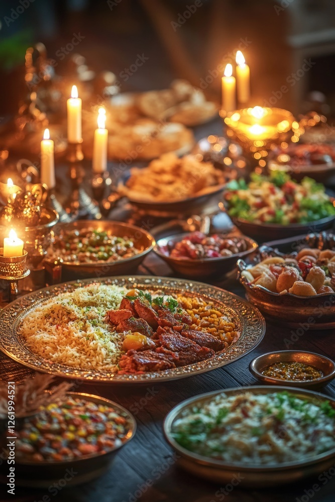 Dinner table with food, candles, and historical ambiance. Dinner table with food, candles, and historical ambiance.