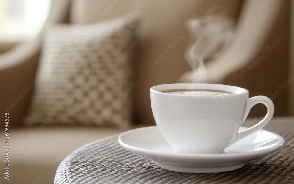 steaming cup of coffee on saucer, set against cozy background. warm atmosphere invites relaxation and enjoyment steaming cup of coffee on saucer, set against cozy background. warm atmosphere invites relaxation and enjoyment