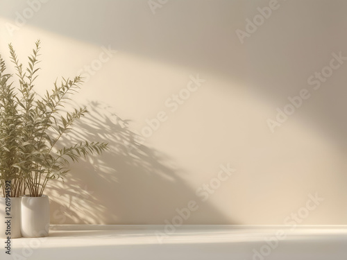 Minimalist Home Decor: Dried floral arrangements in simple white ceramic pots sit on a shelf against a muted beige wall, bathed in warm, natural sunlight, casting soft shadows.
