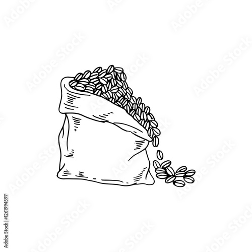 Spilling coffee beans on a bag doodle cartoon hand-drawn vector.