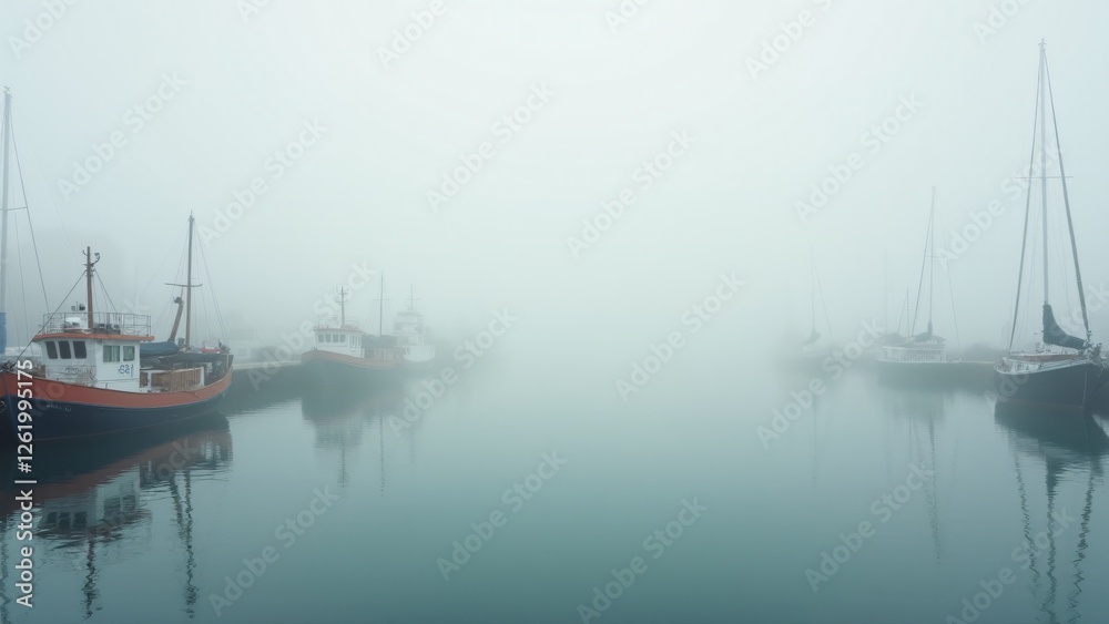 A serene harbor with boats and fog over the water, creating a picturesque and timeless coastal atmosphere. A serene harbor with boats and fog over the water, creating a picturesque and timeless coastal atmosphere.
