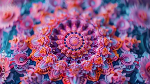A multi-colored design that combines retro and modern elements, featuring elegant floral and geometric patterns that create a dynamic kaleidoscopic effect.