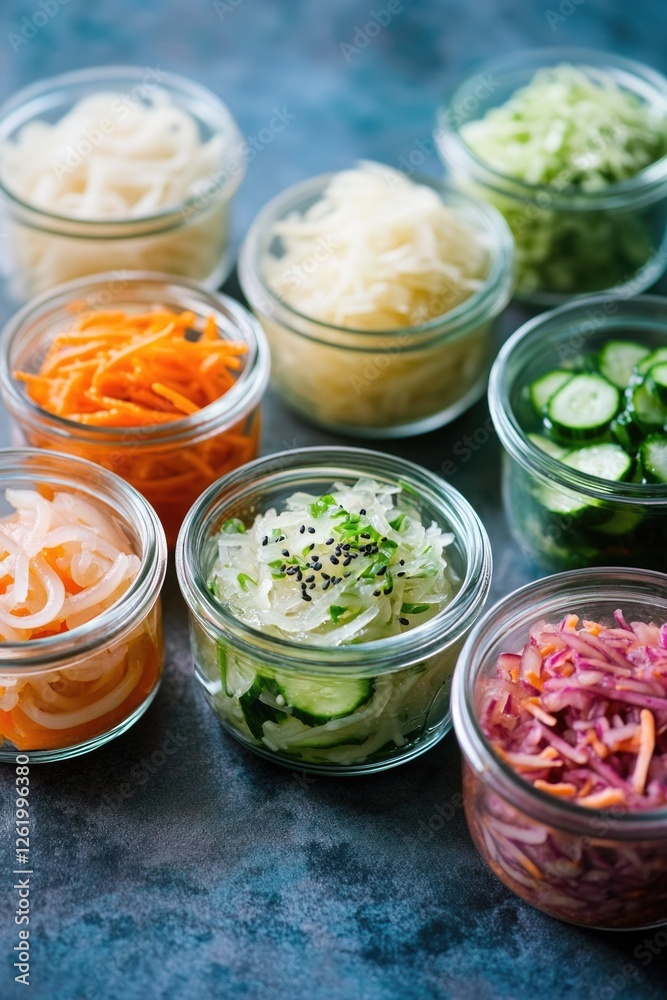 Variety of fresh vegetable condiments in glass jars. Colorful salad ingredients for a healthy and vibrant diet. Variety of fresh vegetable condiments in glass jars. Colorful salad ingredients for a healthy and vibrant diet.