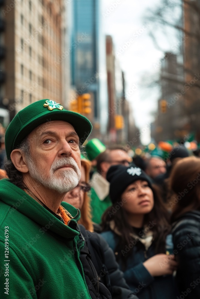 A man dressed in a green beanie and a green jacket is standing among a crowd of people at a St Patrick's Day parade. He has a disapproving expression on his face. A man dressed in a green beanie and a green jacket is standing among a crowd of people at a St Patrick's Day parade. He has a disapproving expression on his face.