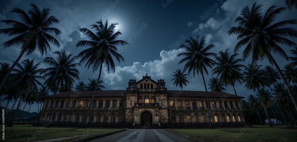 The Cellular Jail in Port Blair stands eerily under the moonlit sky, surrounded by swaying palm trees, creating a hauntingly beautiful scene. The Cellular Jail in Port Blair stands eerily under the moonlit sky, surrounded by swaying palm trees, creating a hauntingly beautiful scene.