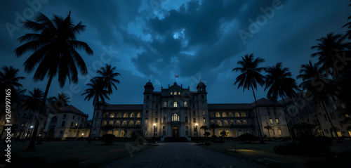 A hauntingly beautiful night view of the Cellular Jail in Port Blair, with the silhouettes of palm trees adding to the enigmatic aura. photo