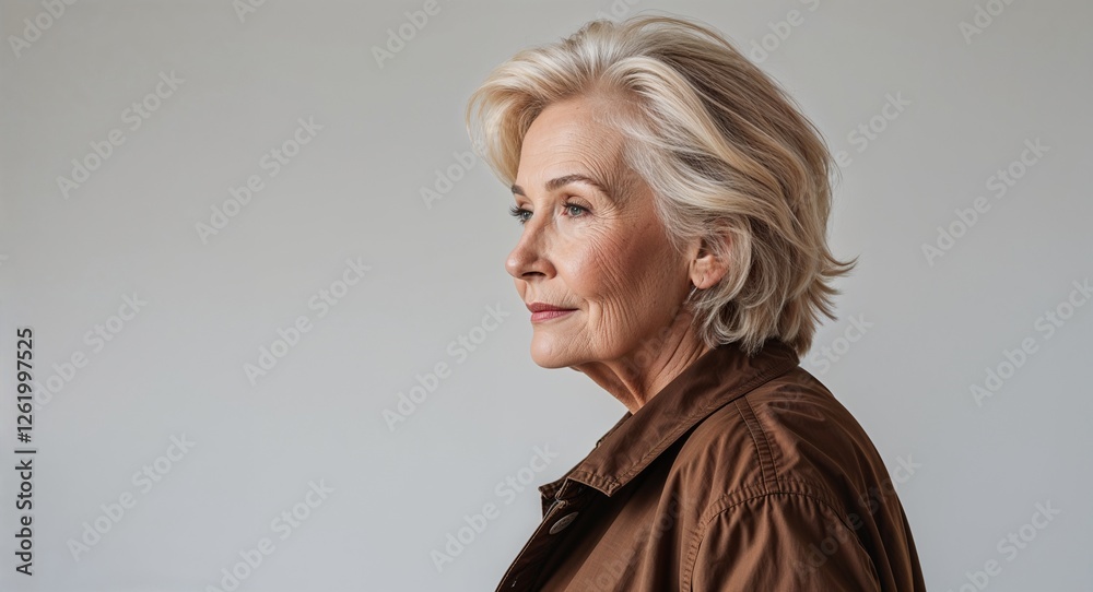 Fototapeta premium Blonde elderly woman dark brown jacket side view portrait on plain white background