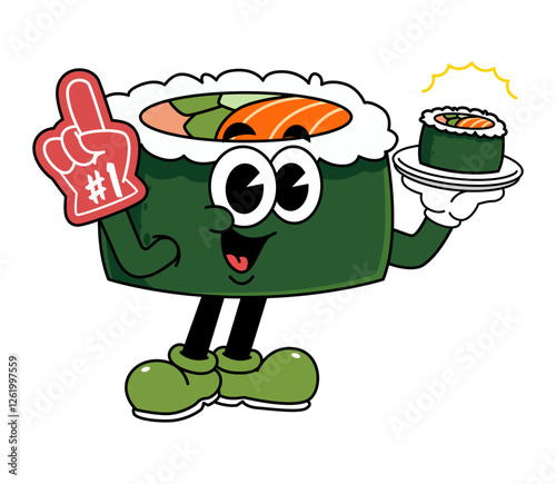 Retro sushi mascot logo, maki sushi, sushi roll wearing number one glove