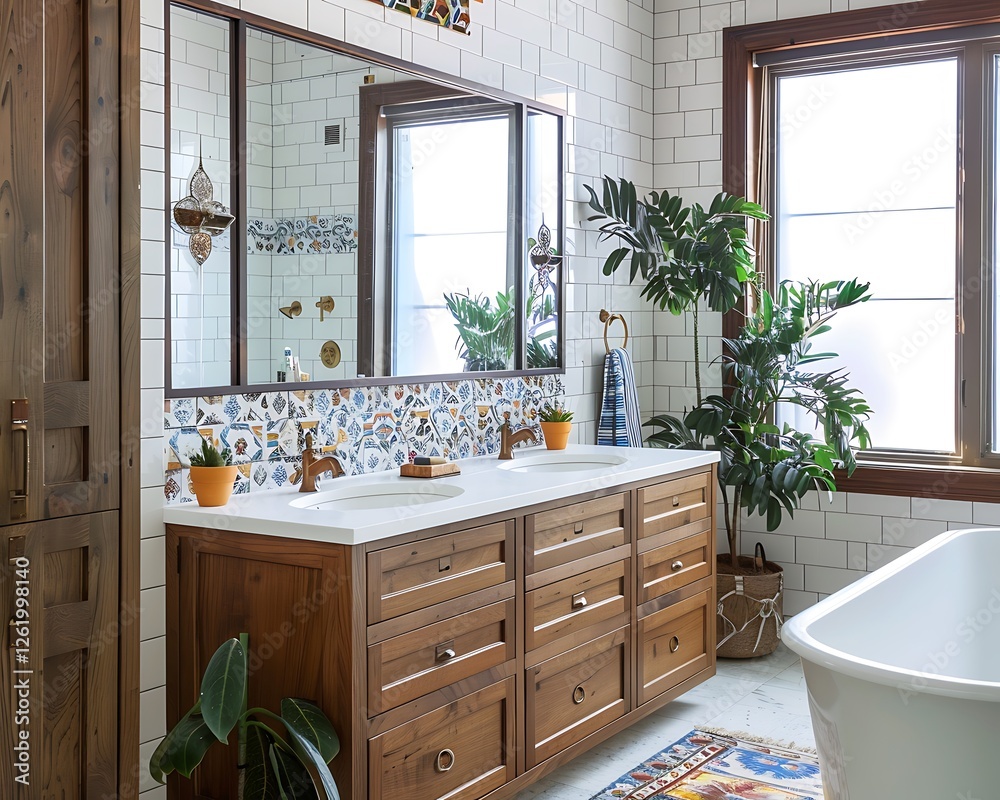 Farmhouse bathroom, large wooden vanity, double mirrors, central tub, white walls, wood cabets, wdow, photorealistic,