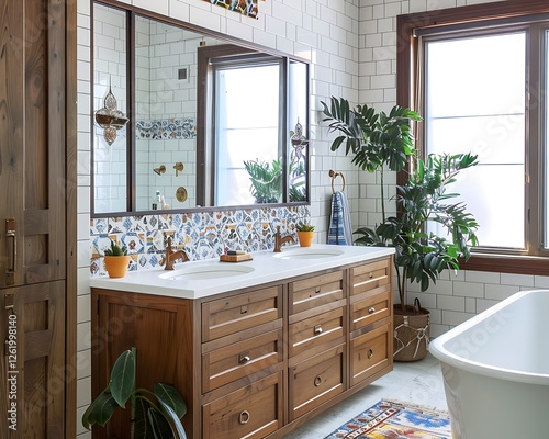 Obraz na płótnie Farmhouse bathroom, large wooden vanity, double mirrors, central tub, white walls, wood cabets, wdow, photorealistic, w salonie