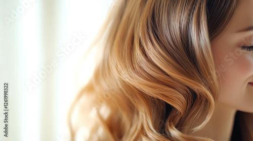 Close-up of a woman's wavy hair, showcasing natural beauty and healthy shine. photo