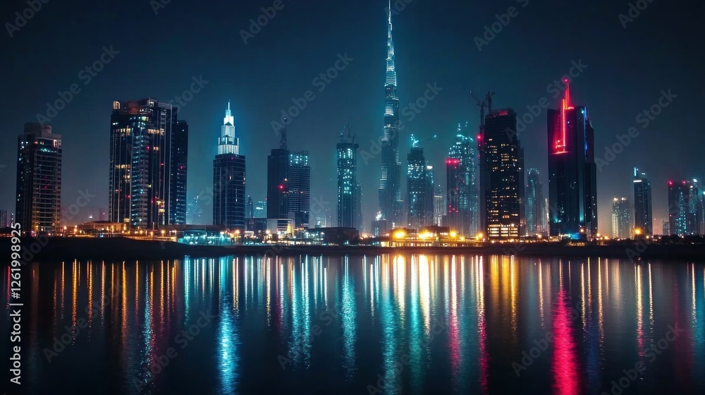 Naklejka premium Dubai's Dazzling Skyline, A Symphony of Lights and Reflections at Night