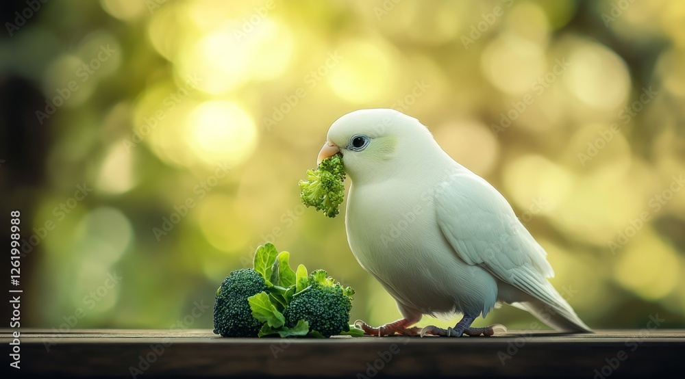 Fototapeta premium a white canary eating broccoli on a wooden table in the forest, with a beautiful background