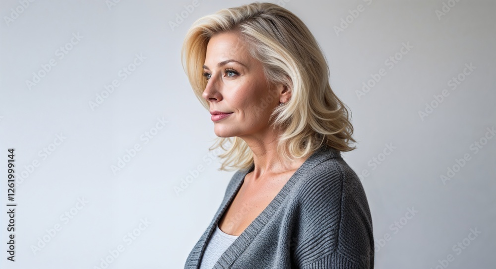 Fototapeta premium Blonde woman gray cardigan middle age side view portrait on plain white background
