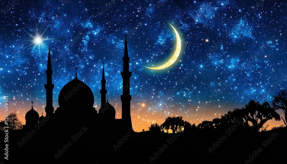 Fototapeta premium Silhouette of a mosque at night under a vibrant starlit sky with a crescent moon. Dark, mysterious, and peaceful atmosphere