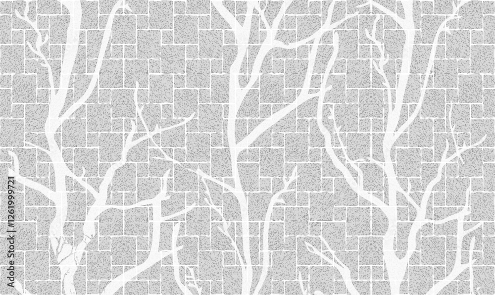 Obraz premium Cream gray silver metallic square tiles textured floral branches Wallpaper BG Design 780b.eps