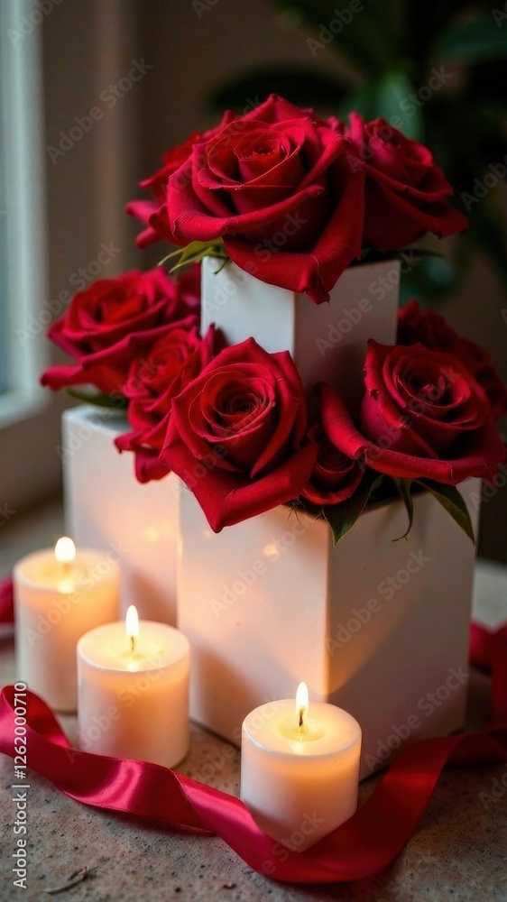 Fototapeta premium A luxurious display of red roses arranged in white vases, accented with glowing candles and a silky red ribbon, creating a romantic and elegant ambiance perfect for celebrations