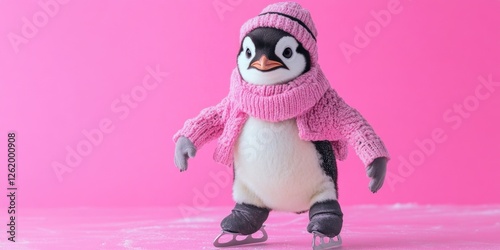 Cute penguin toy wearing pink coat with skis, standing in snow.