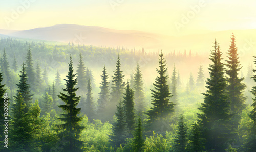 Misty sunrise over a serene evergreen forest, showcasing tall pine trees bathed in soft golden light.  Perfect for nature, travel, or environmental themes.