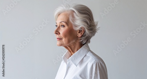 Caucasian elderly woman white dress shirt side view portrait on plain white background
