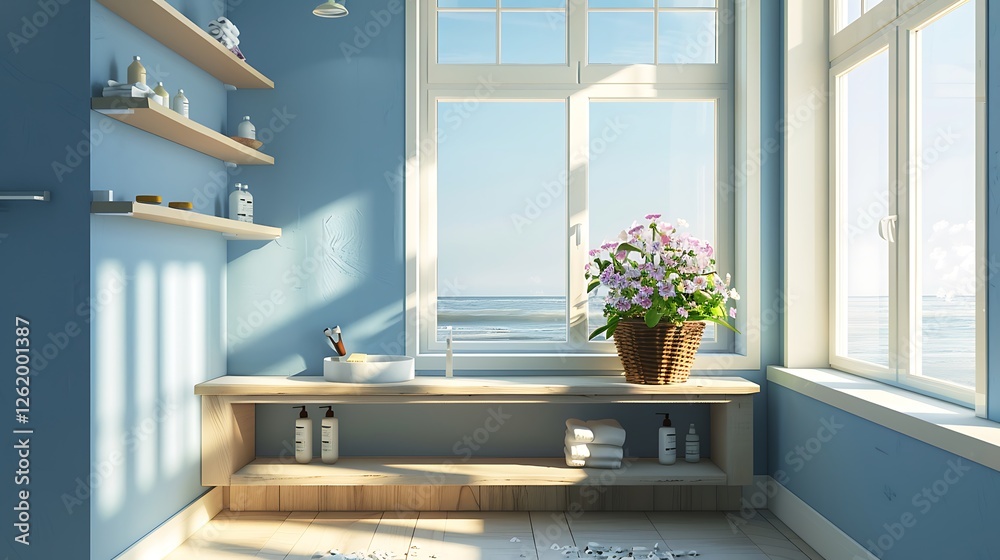 Beach house bathroom, blue walls, large wdow, white and beige tones, wooden vanity with shelves, flower basket on wdowsill, natural sunlight, vitg,