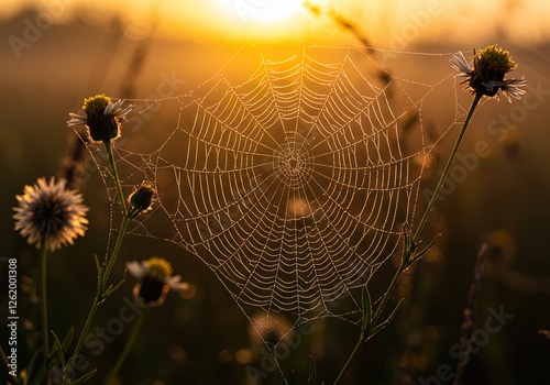 Wallpaper Mural Spider Web at Sunrise - Dew-Kissed Cobweb in Meadow Torontodigital.ca