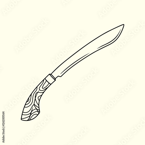Sharp Machete with Wooden Handle. Thin Line Illustration.